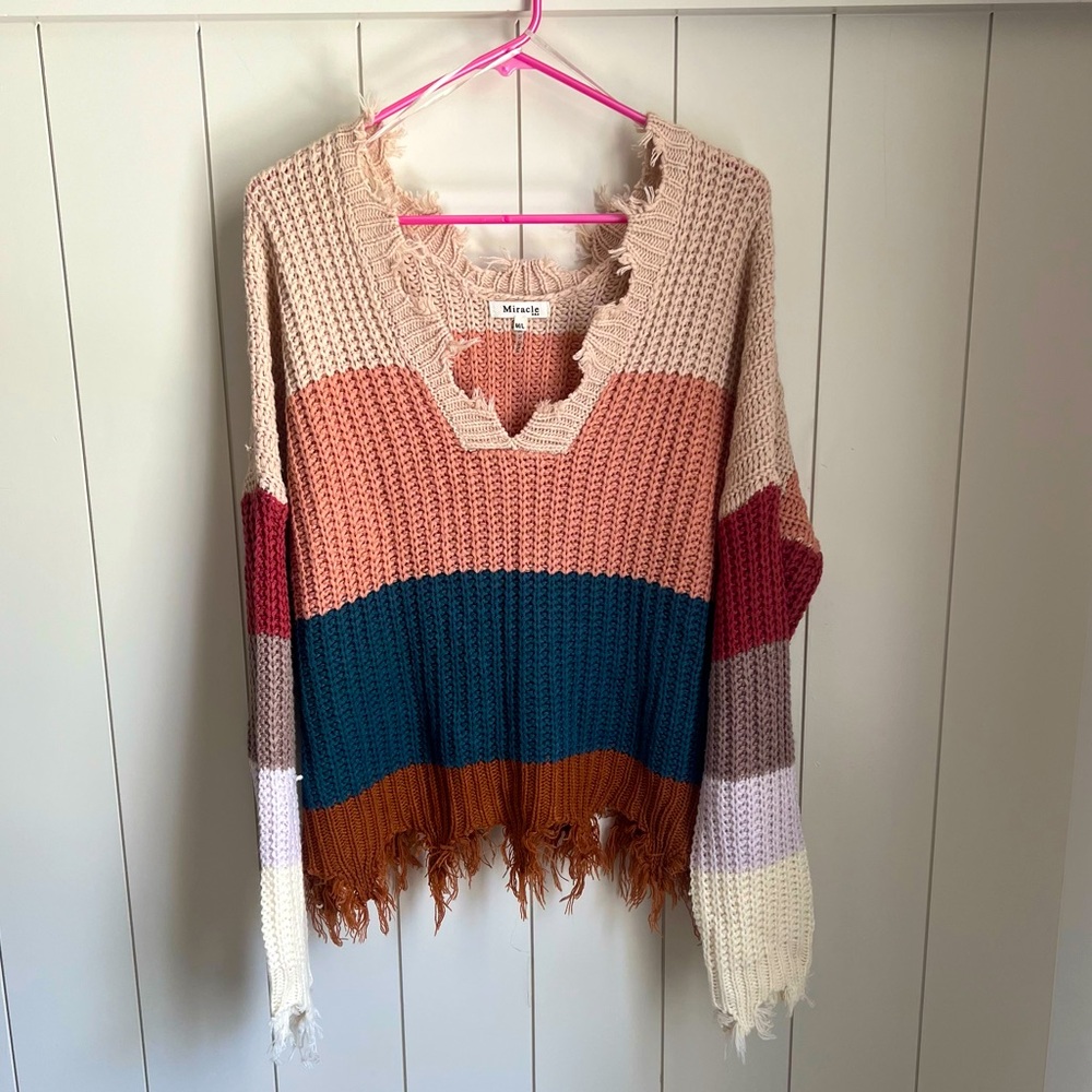 Miracle distressed V striped sweater
